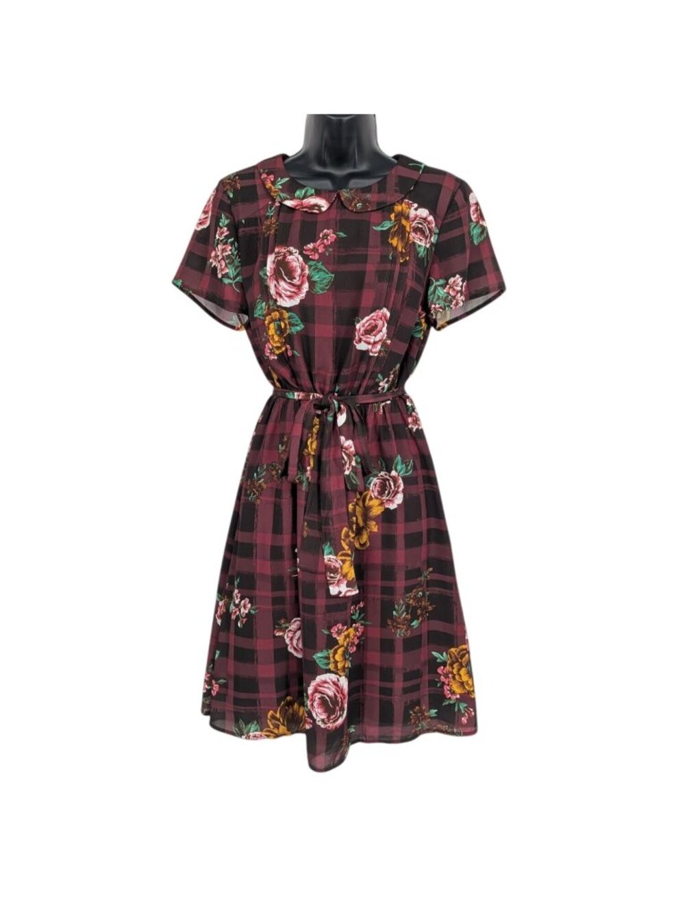 Modcloth‎ Dress Floral Plaid Fit Flare Dress Peter Pan Collar Academia Medium